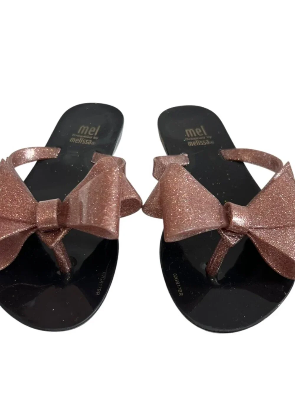 Melissa Sandals Harmonic Bow III Thong black glittery pink bow kids size 13